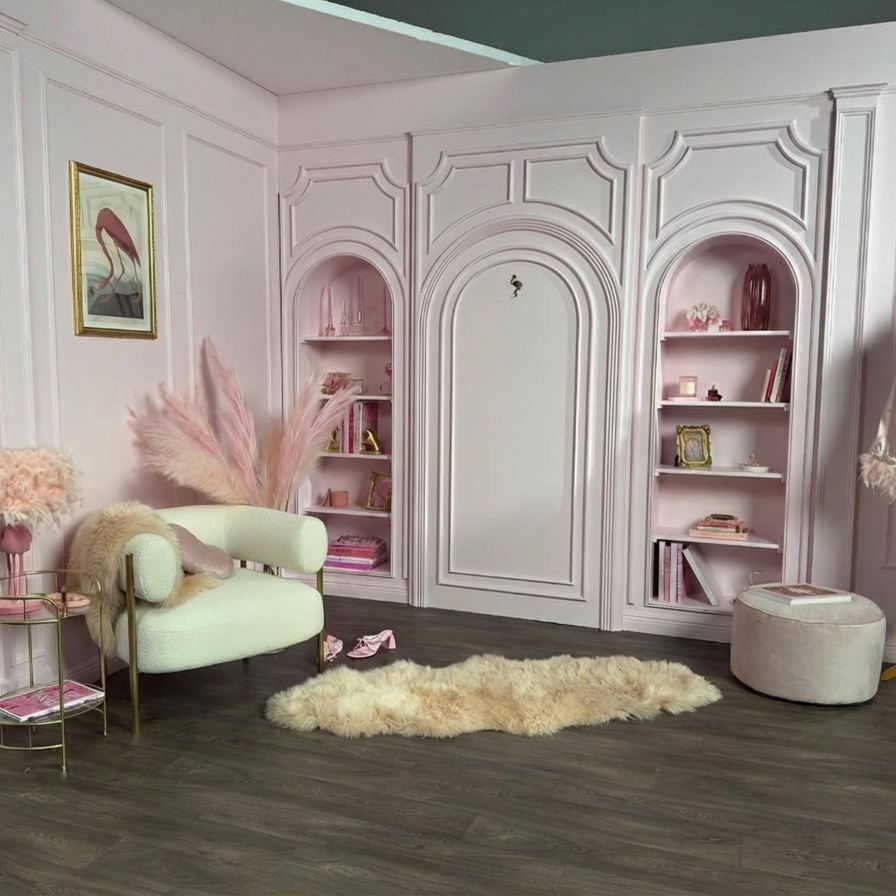 A styled interior of a primarily pink room with elegant wall paneling and dark wood flooring. The back wall features two arched alcoves filled with curated pink books and decorative items. The room is furnished with a cream bouclé armchair surrounded by tall pink pampas grass, a gold tiered side table holding a feathered lamp, a fluffy cream faux fur rug, a dusty pink velvet ottoman, and a mannequin displaying a champagne-colored silk robe with feather-trimmed sleeves.